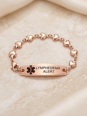 NEW! Lymphedema No BP IV Rose Gold Stainless Heart Medical ID Bracelet ~ Size 7